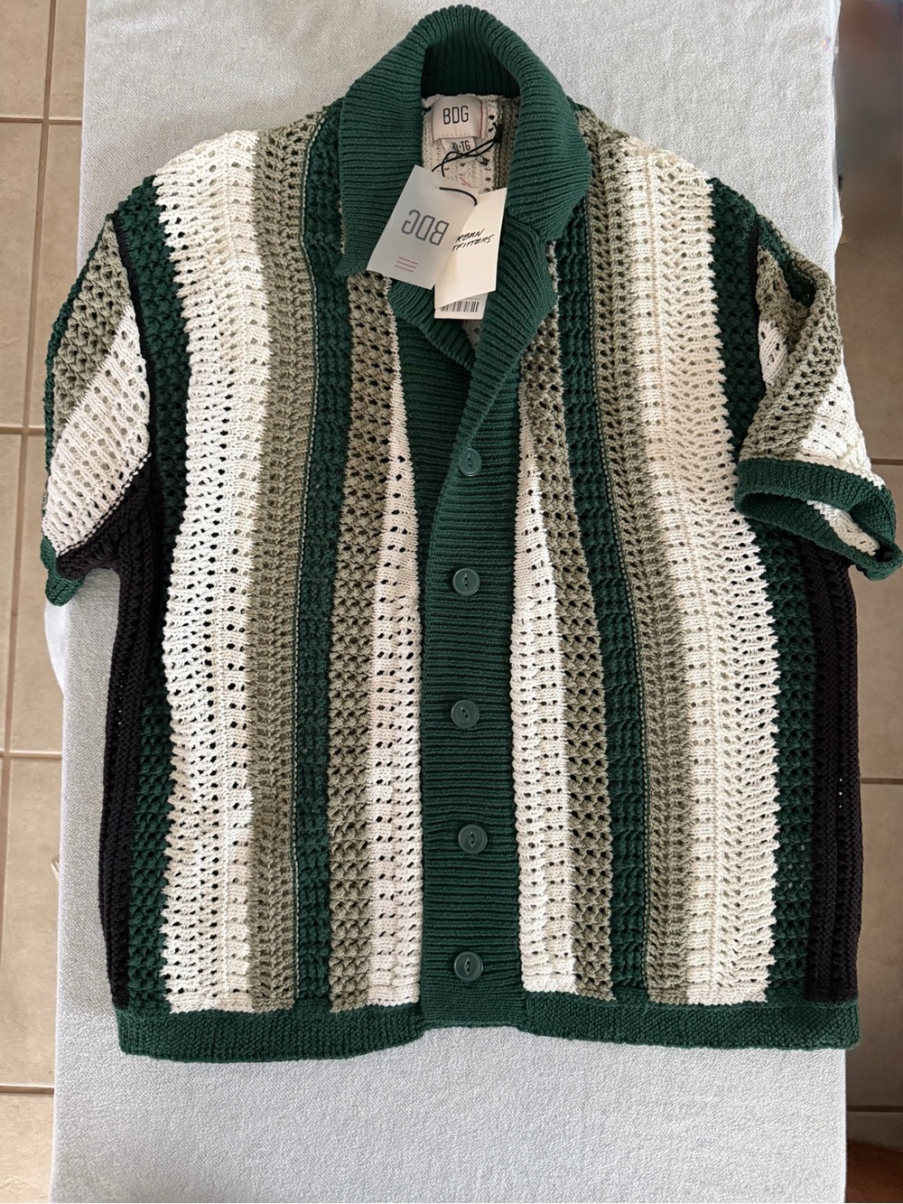 BDG Urban Outfitters Crochet Knit Button Up Shirt XL NWT Green Stripe Mens